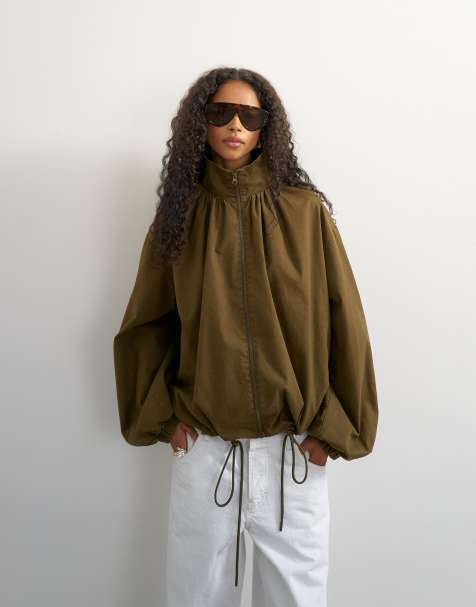 Topshop pleated funnel neck anorak in khaki - view 1