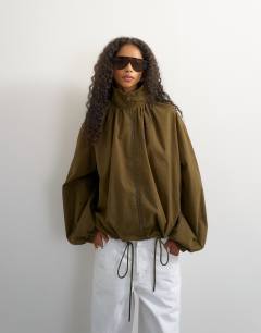 Pleated funnel neck anorak in khaki