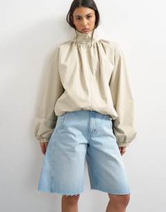 Pleated funnel neck anorak in stone
