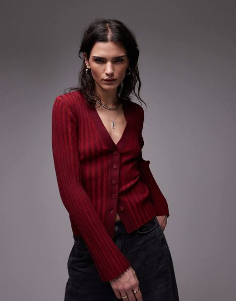 Topshop pleated knit cardigan in red & burgundy - view 1