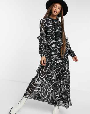 Topshop pleated midi dress in zebra print-Black