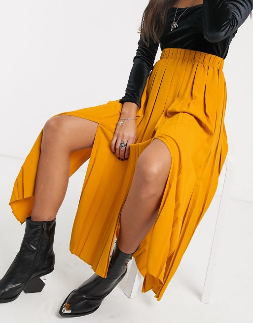 Topshop pleated midi skirt in mustard