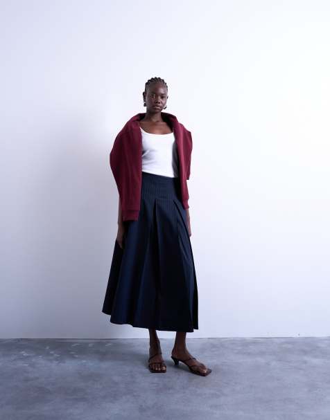 Topshop pleated midi skirt in navy with rust stripe - view 1