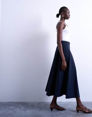 topshop navy midi dress Topshop pleated midi skirt in navy with rust stripe