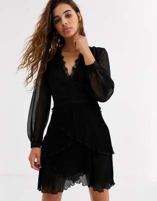 Topshop pleated mini dress with ruffle detail in black | ASOS