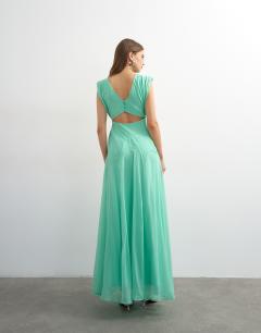 Model wearing Pleated open back maxi dress in green
