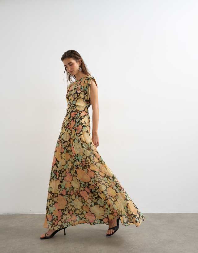 pink and green pleated dress Topshop open back maxi in floral coast tulle dress