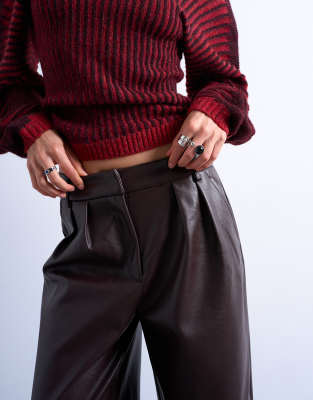 Topshop Pleated Tailored Style Wide Leg Faux Leather Pants In Brown