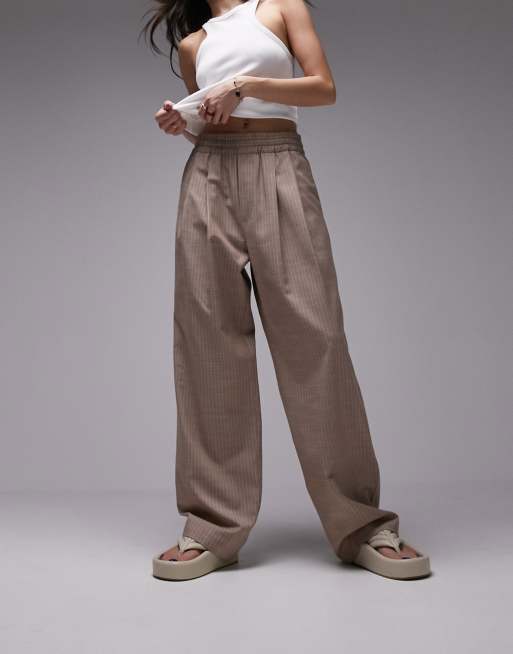 Topshop pleated tailored sweatpants in brown pinstripe