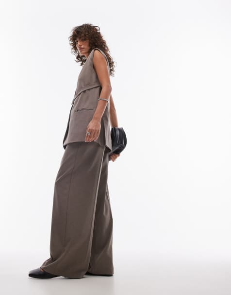 Topshop pleated waistband wide leg tailored pants in sand (part of a set) - view 1