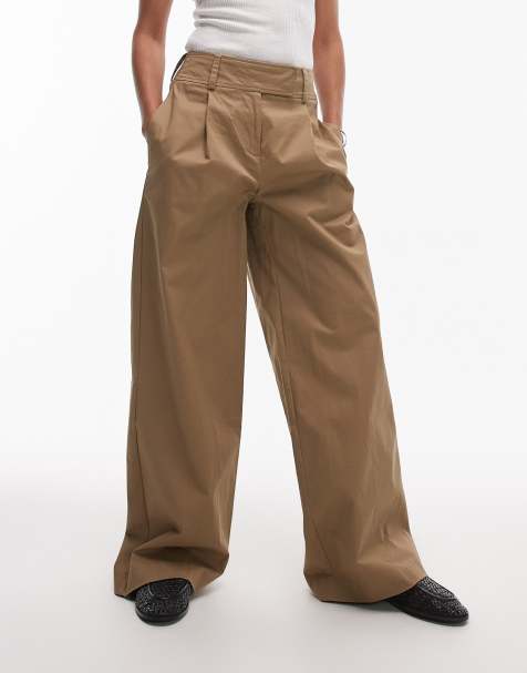 Topshop pleated wide leg tailored high waisted chino style trouser in sand - view 1