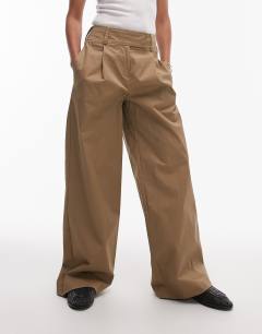 Pleated wide leg tailored high waisted chino style trouser in sand