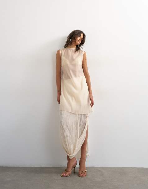 Topshop draped pleated fabric maxi skirt in ivory