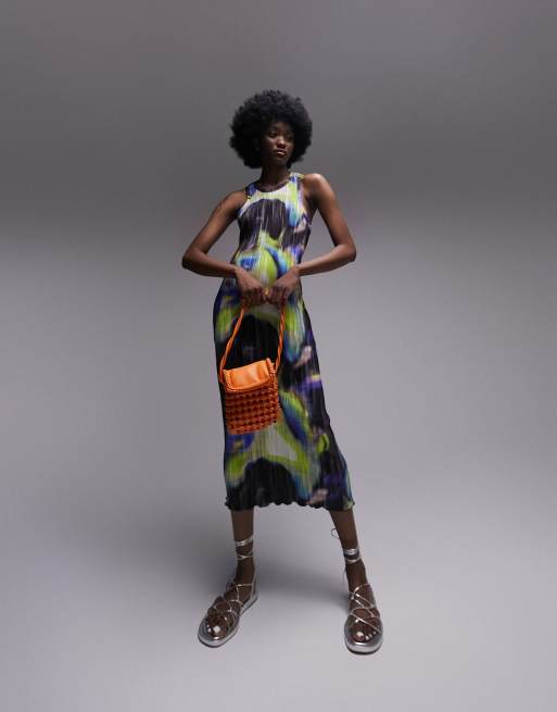 Topshop – Plisowana dżersejowa spódnica midi w kolorowy wzór