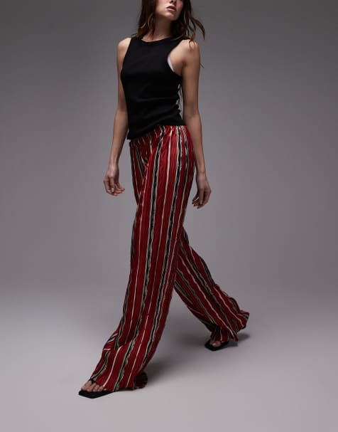 Topshop – Plisowane czerwone spodnie z szerokimi nogawkami w paski - view 1