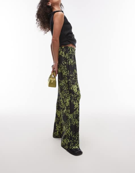 Topshop plisse all over print abstract flower wide leg trouser in green