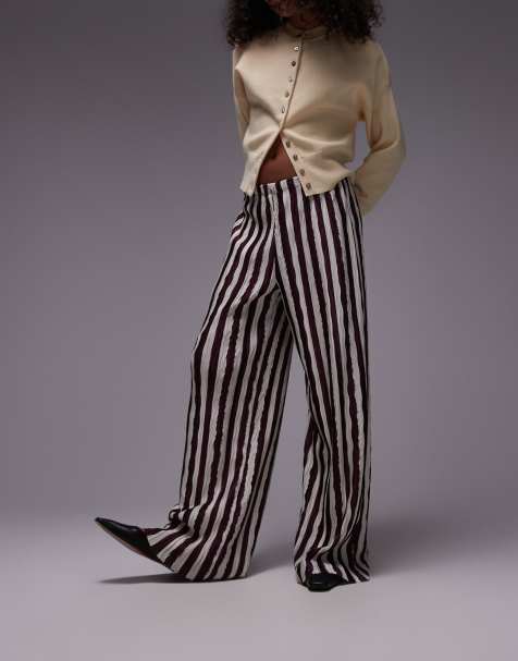 Topshop vertical stripe plisse wide leg trouser in dark burgundy