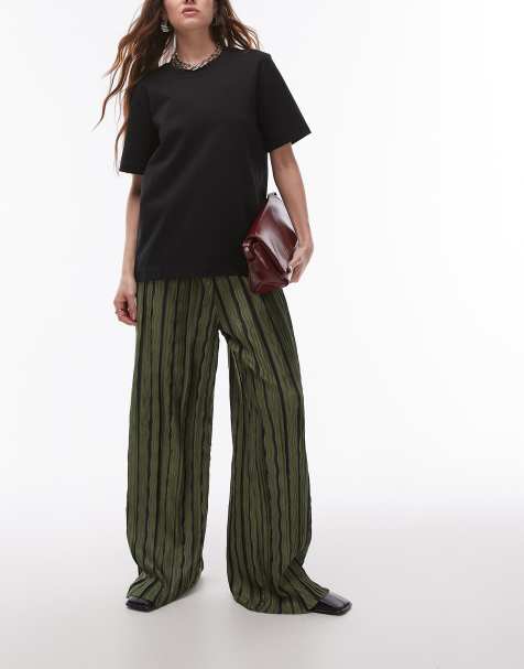 Topshop stripe plisse wide leg trousers in green
