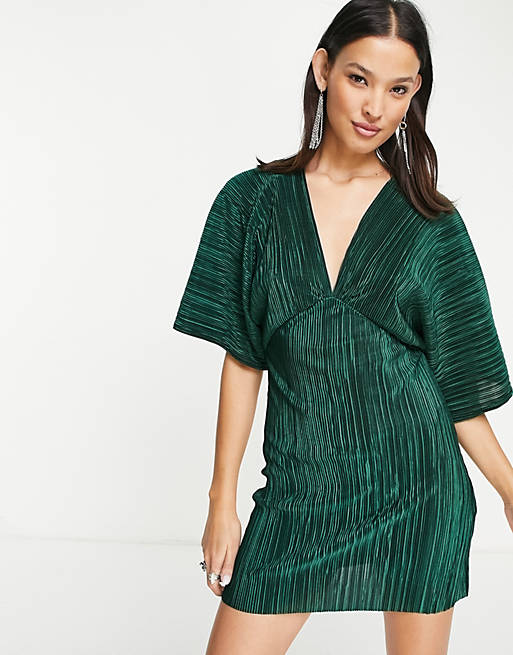 Topshop plisse batwing sleeve mini dress in green | ASOS