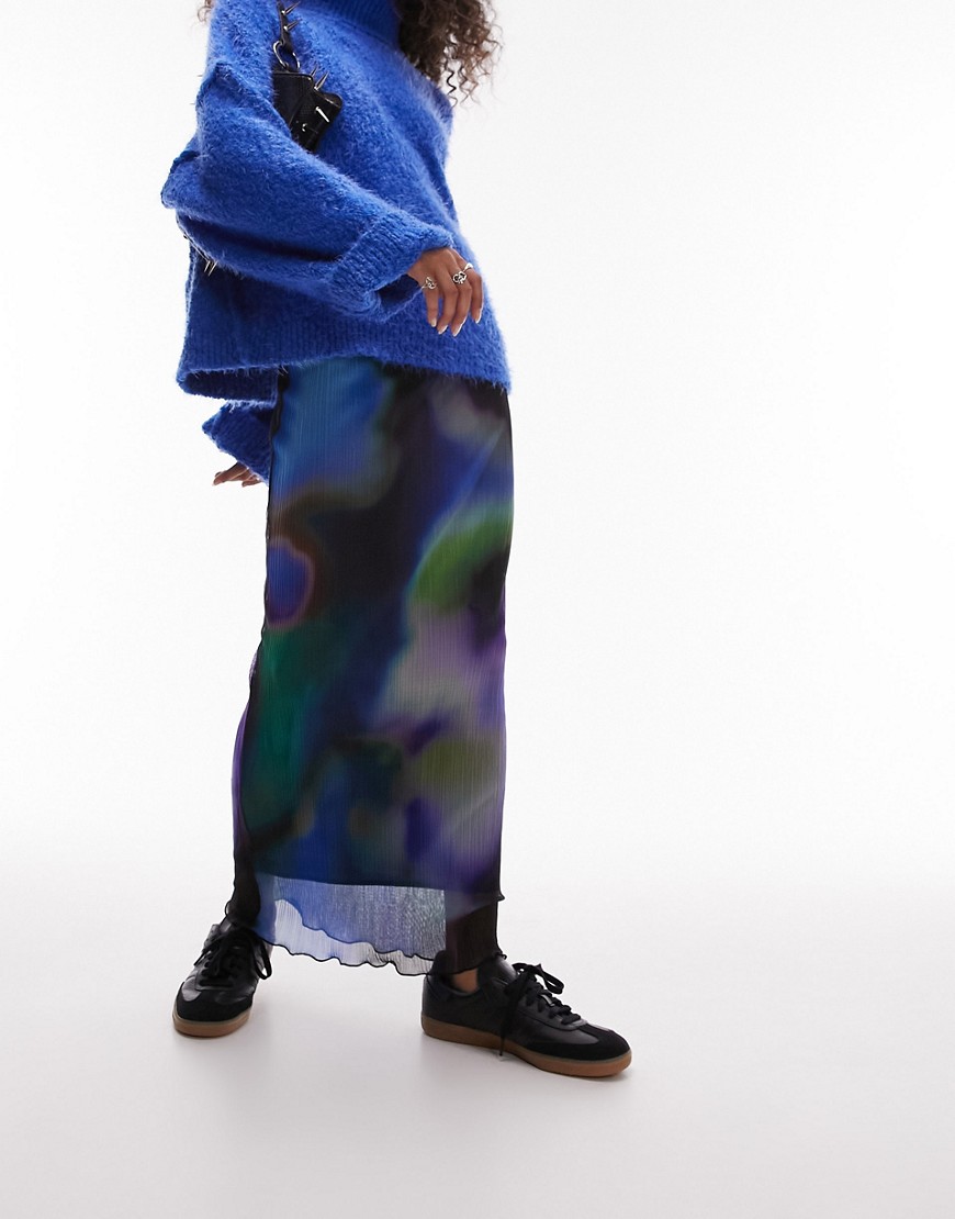 Topshop plisse blurred non print midi skirt in purple