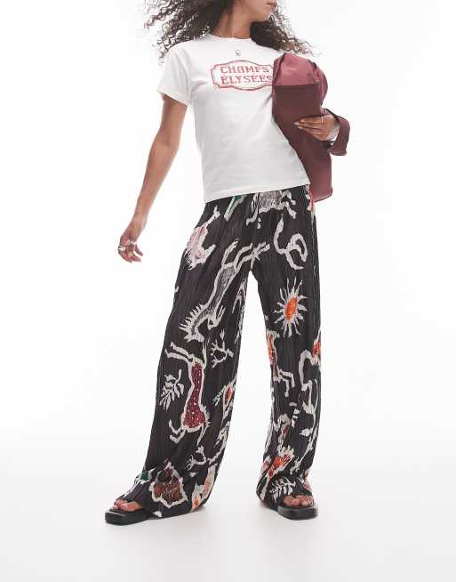 Topshop - Plissé broek met wijde pijpen en abstracte cowgirl-print in multi