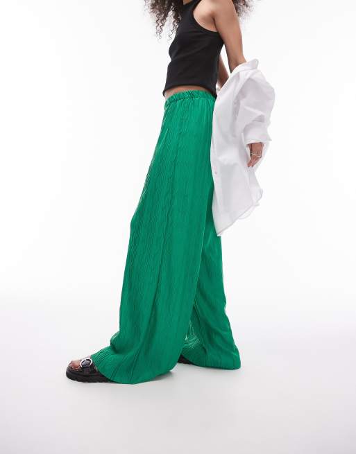 Topshop - Plissé broek met wijde pijpen in groen, 3 van 5
