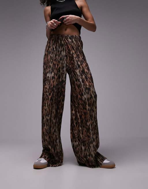 Topshop - Plissé broek van kreukelstof met rechte pijpen in bruine luipaardprint
