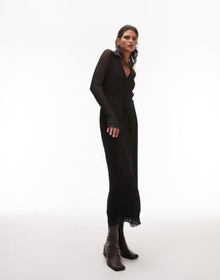 plisse collar midi shirt dress in black