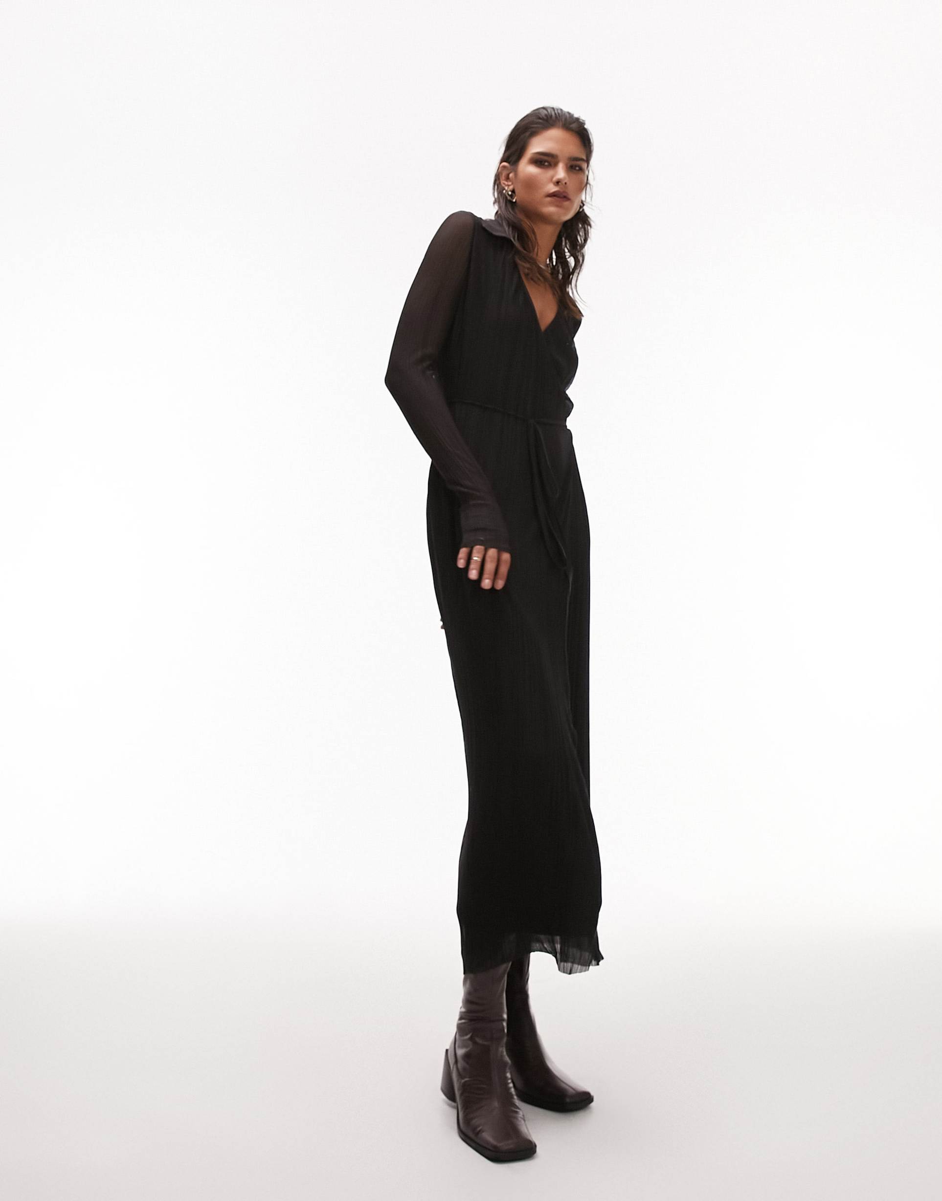 topshop plisse collar midi shirt dress in black