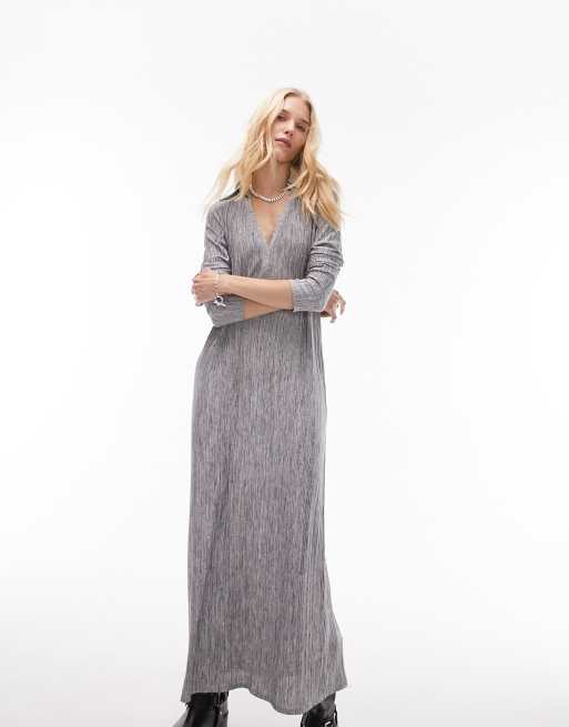 Topshop plisse collared midi column dress in gray
