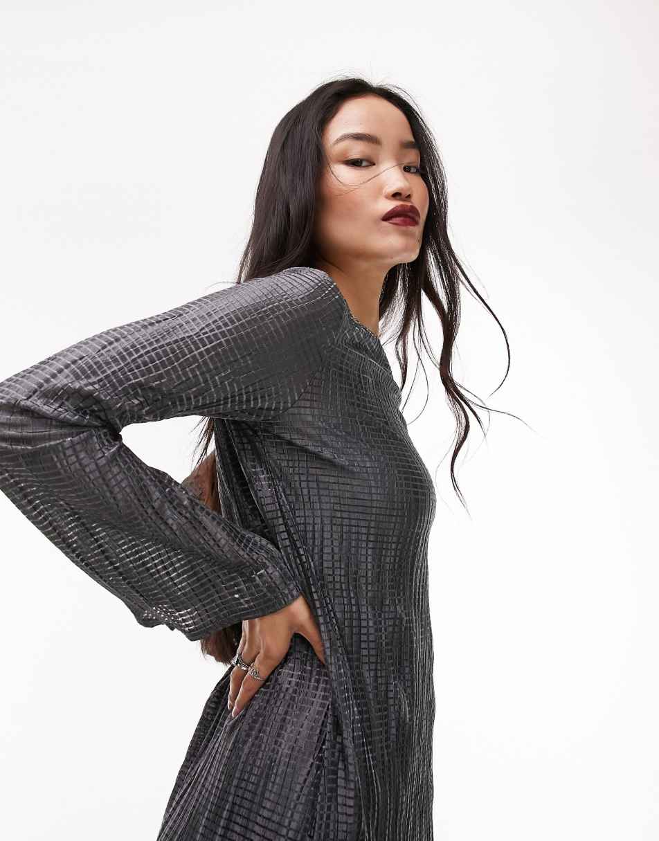 Topshop mesh mixed long sleeve midi dress in brown