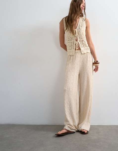Topshop plisse jersey straight leg pants in stone - view 1