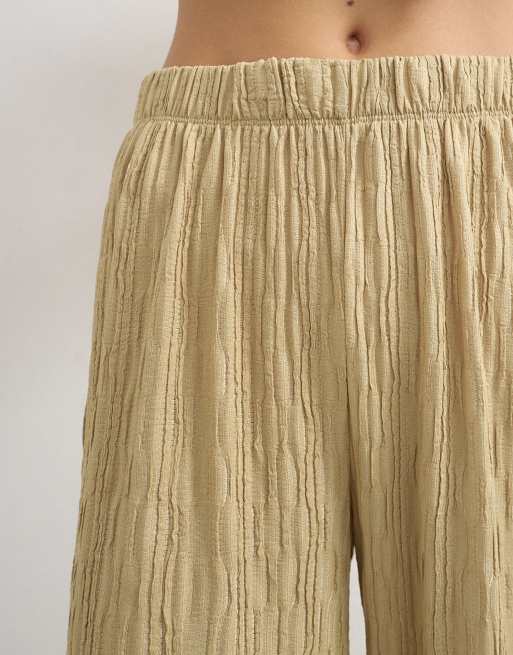 Topshop plisse jersey wide leg pants in khaki, 3 of 5