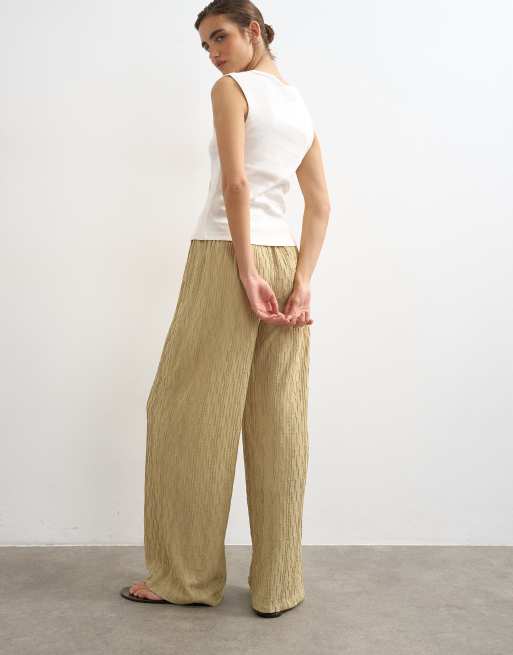 Topshop plisse jersey wide leg pants in khaki, 4 of 5