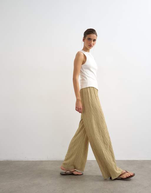 Topshop plisse jersey wide leg pants in khaki, 5 of 5