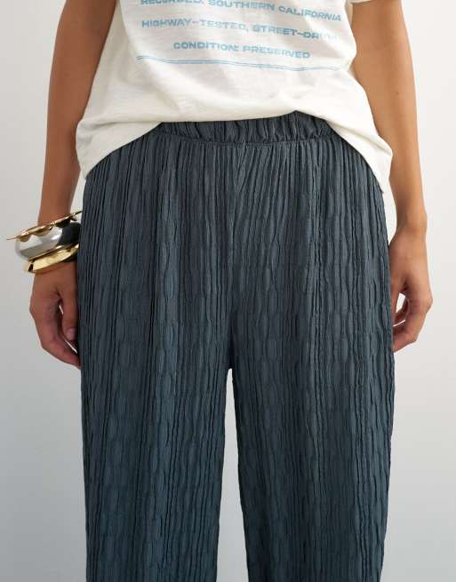 Topshop plisse jersey wide leg trouser in slate, 3 of 5