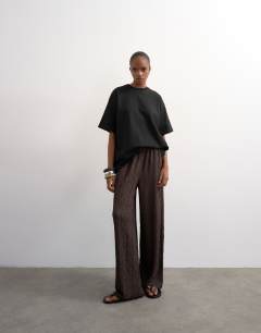 Plisse jersey wide leg trousers in chocolate