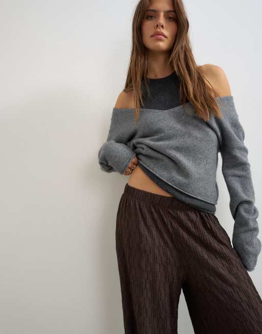 Topshop plisse jersey wide leg trousers in chocolate, 2 of 5