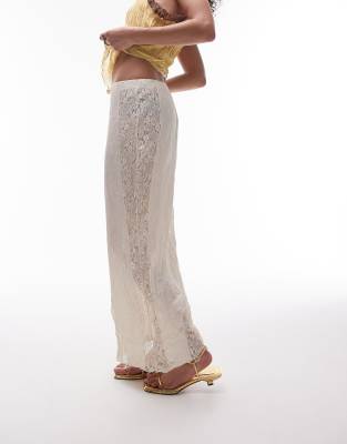 Topshop Topshop plisse lace mix jersey skirt in oyster-White