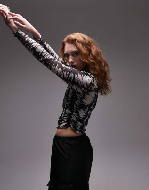 Topshop plisse long sleeve mesh top in mono