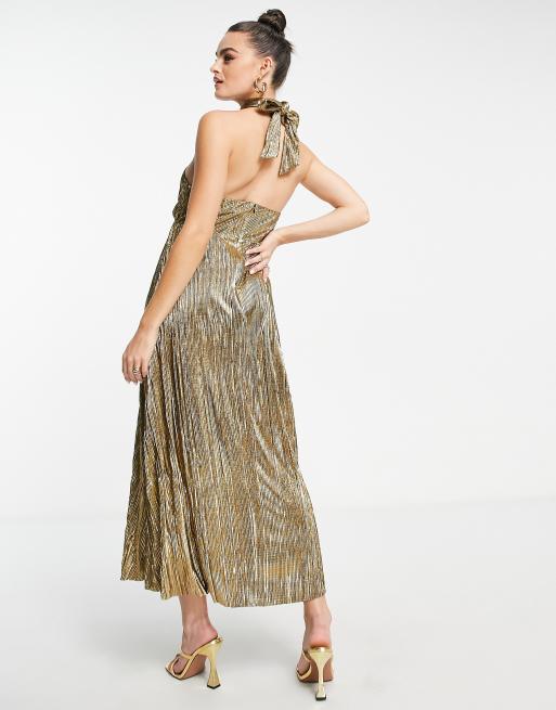 Topshop - Plissé midi-jurk met halternek en uitsnijdingen in goud, 2 van 4