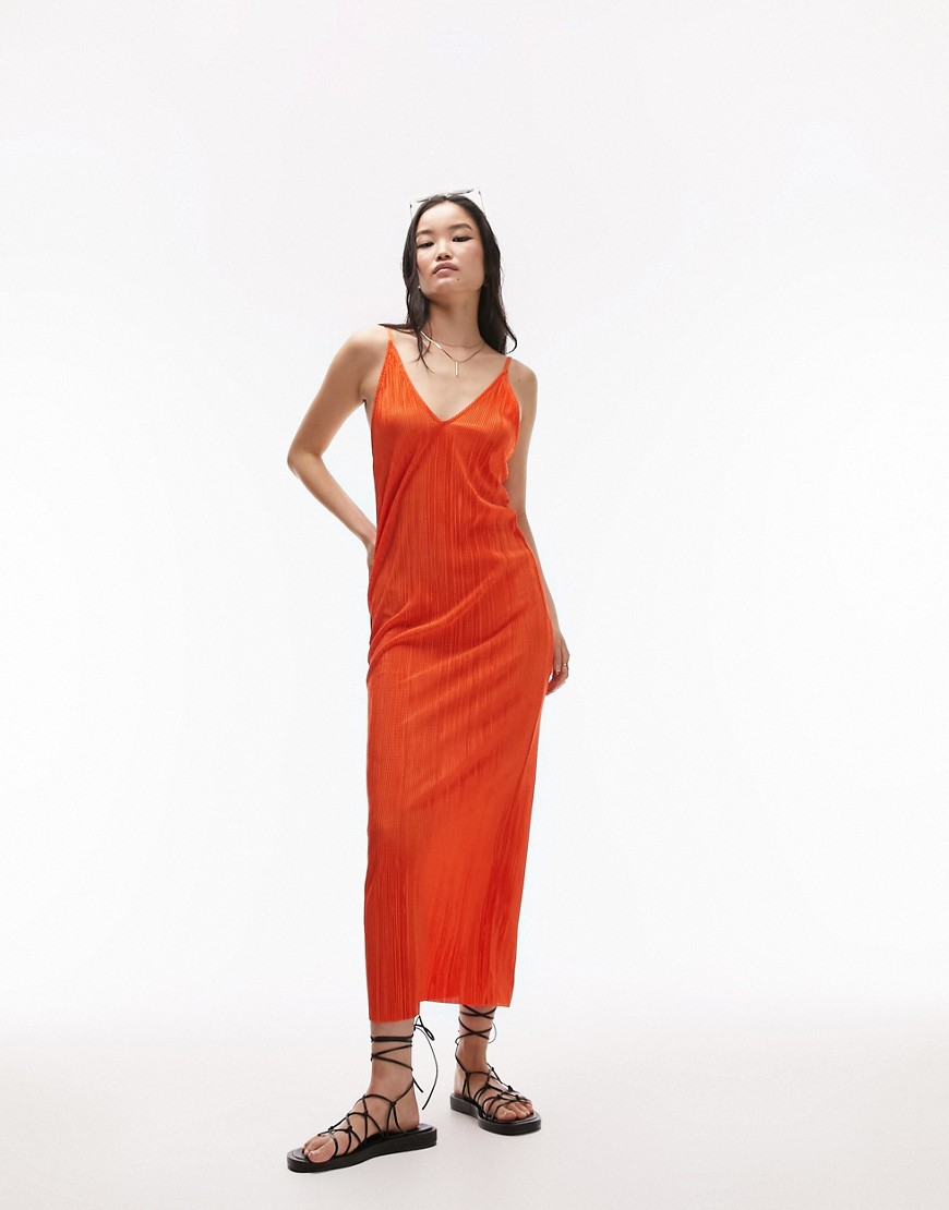Topshop Plisse Midi Slip Dress In Orange