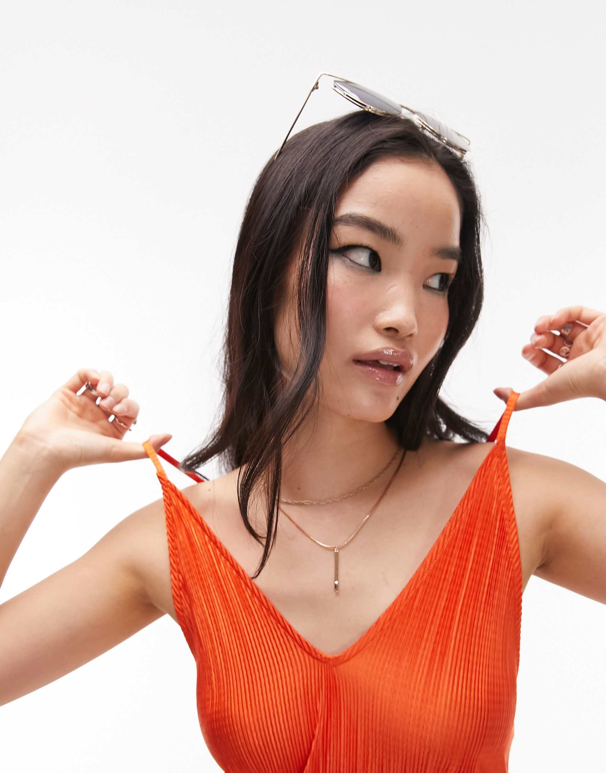 topshop plisse midi slip dress in orange