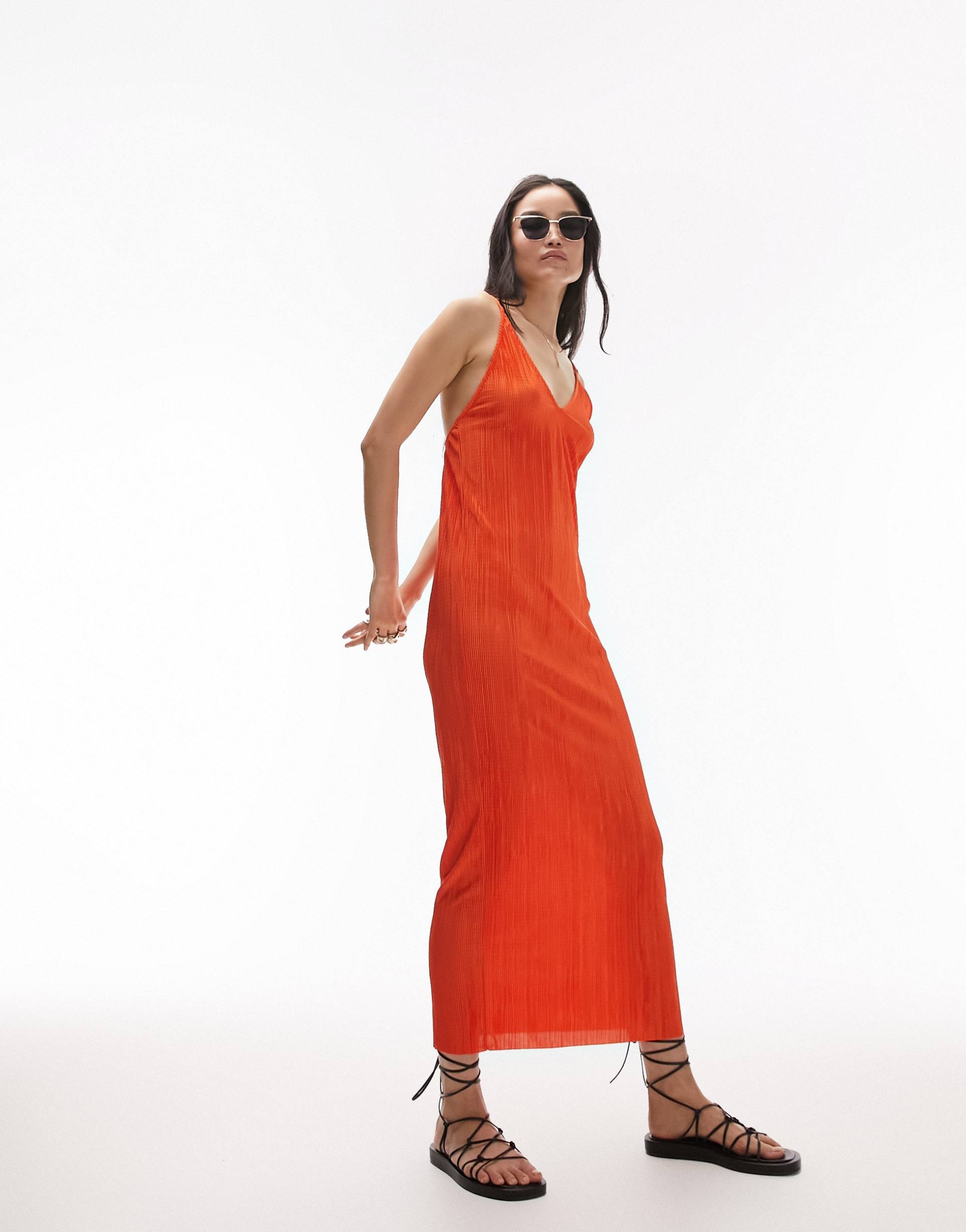 topshop plisse midi slip dress in orange