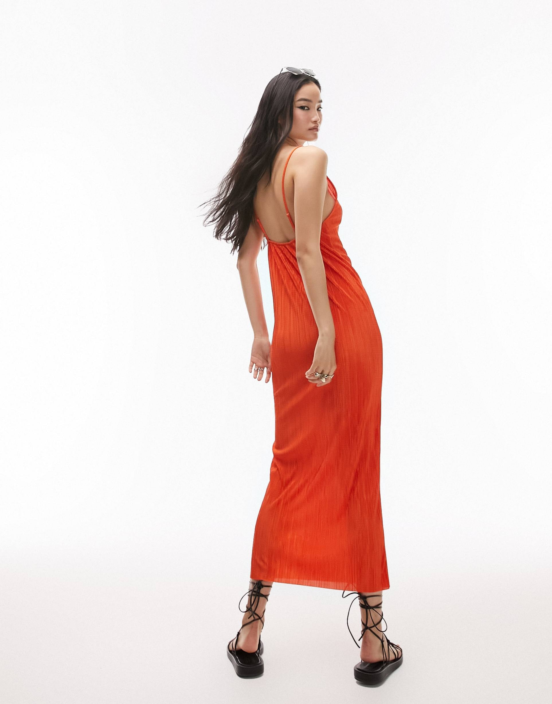 topshop plisse midi slip dress in orange