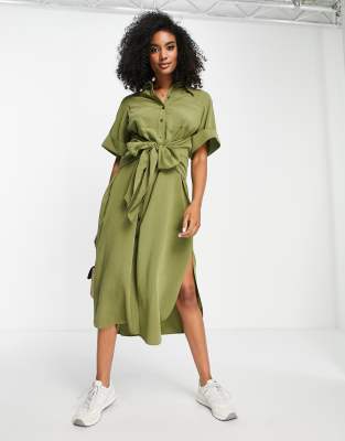 Topshop Plisse Midi Tie Front Shirt Dress In Green