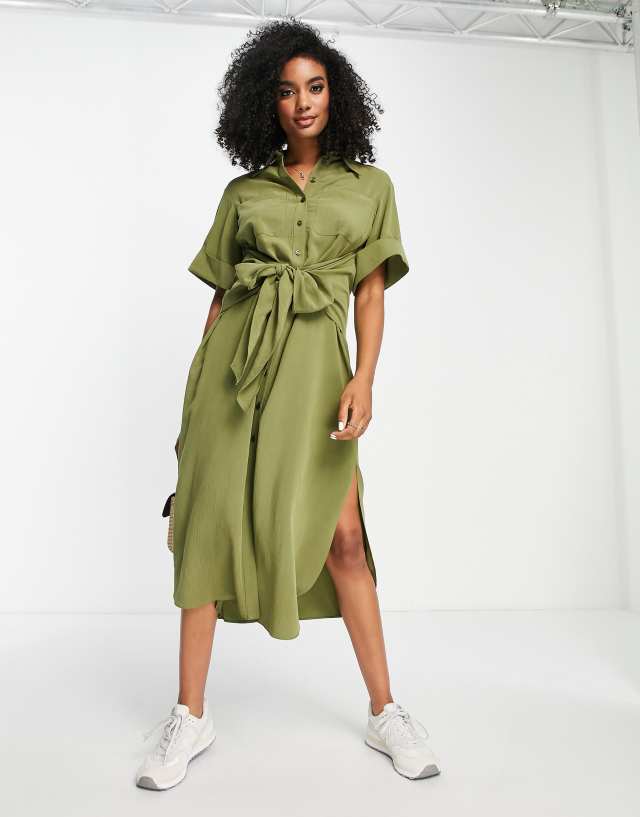 Topshop plisse midi tie front shirt dress in green