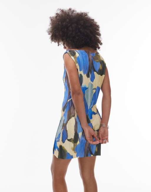 Topshop - Plissé mini jurk met abstracte bloemenprint in blauw, 3 van 4
