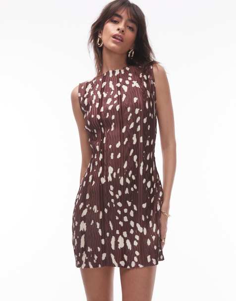Topshop - Plissé mini jurk met abstracte dierenprint in bruin - view 1