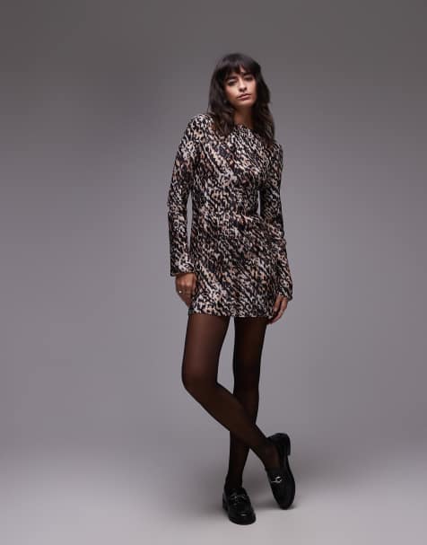Topshop - Plissé mini jurk met lange mouwen in luipaardprint - view 1